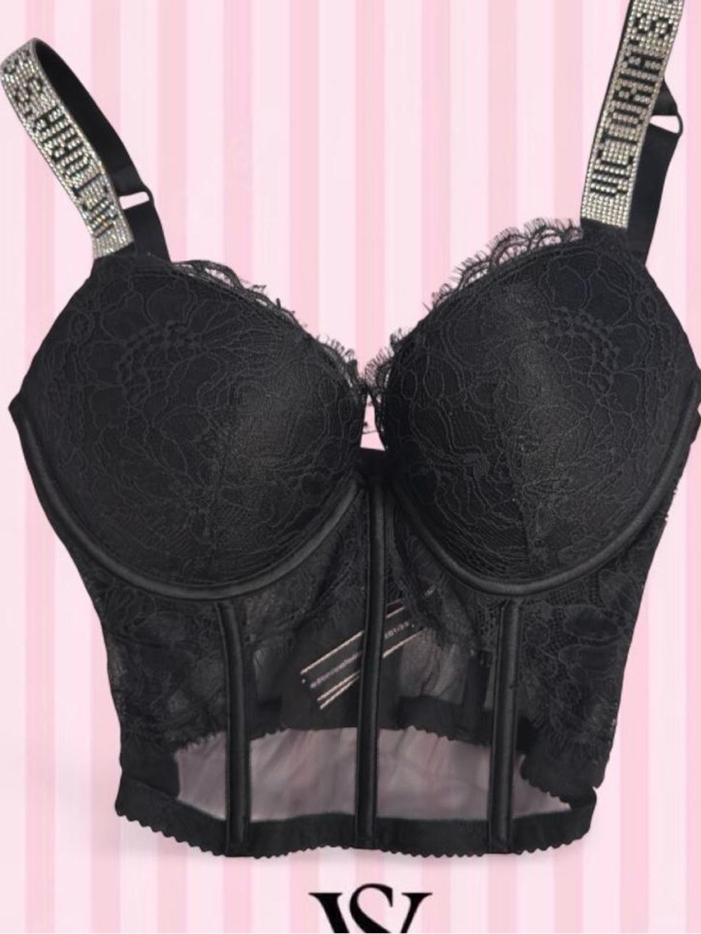 Victoria's Secret Black Lace Longline Bustier with Rhinestone Straps